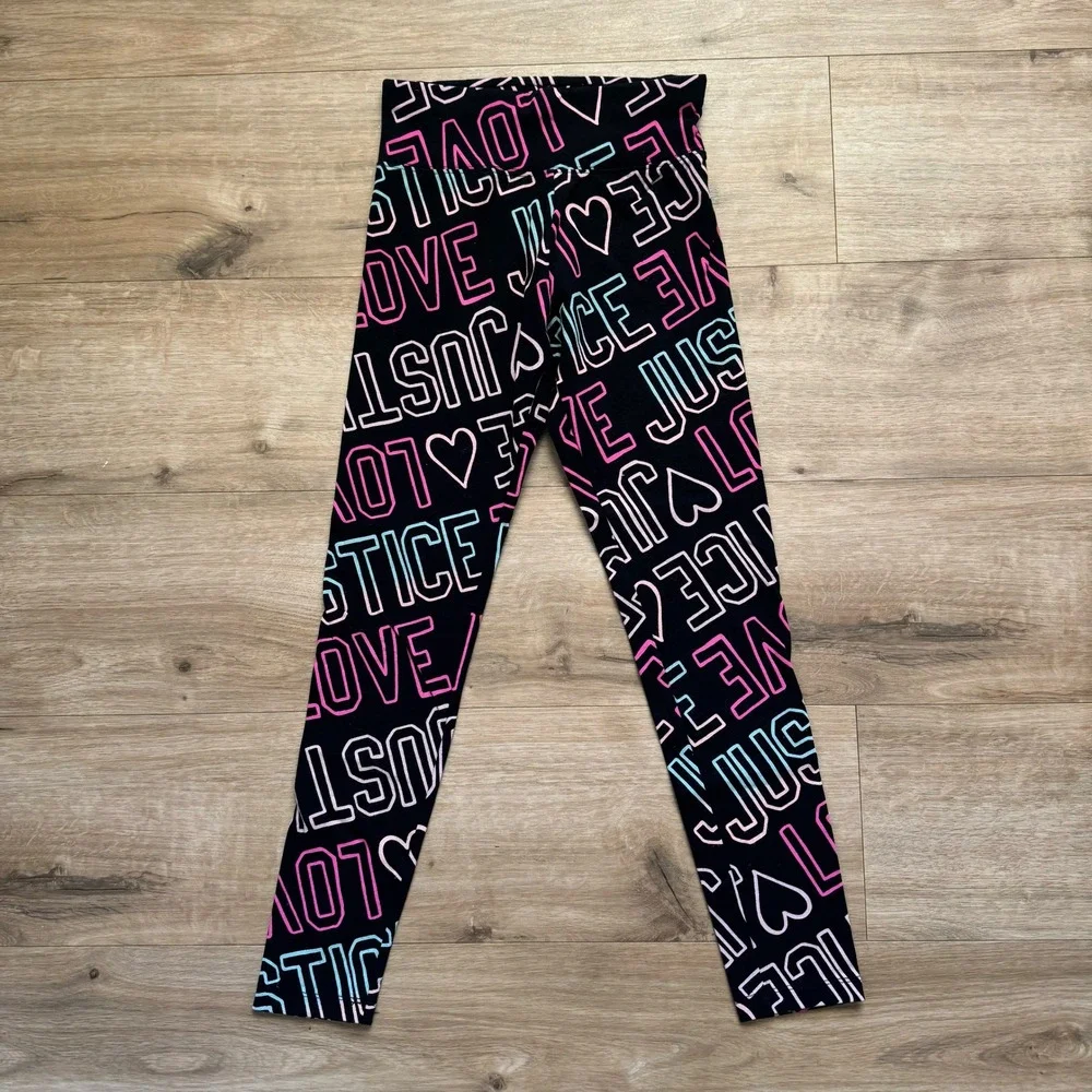 Justice Girls Black Neon Love Heart Logo Print Leggings Size 12 High Rise‎ Slim